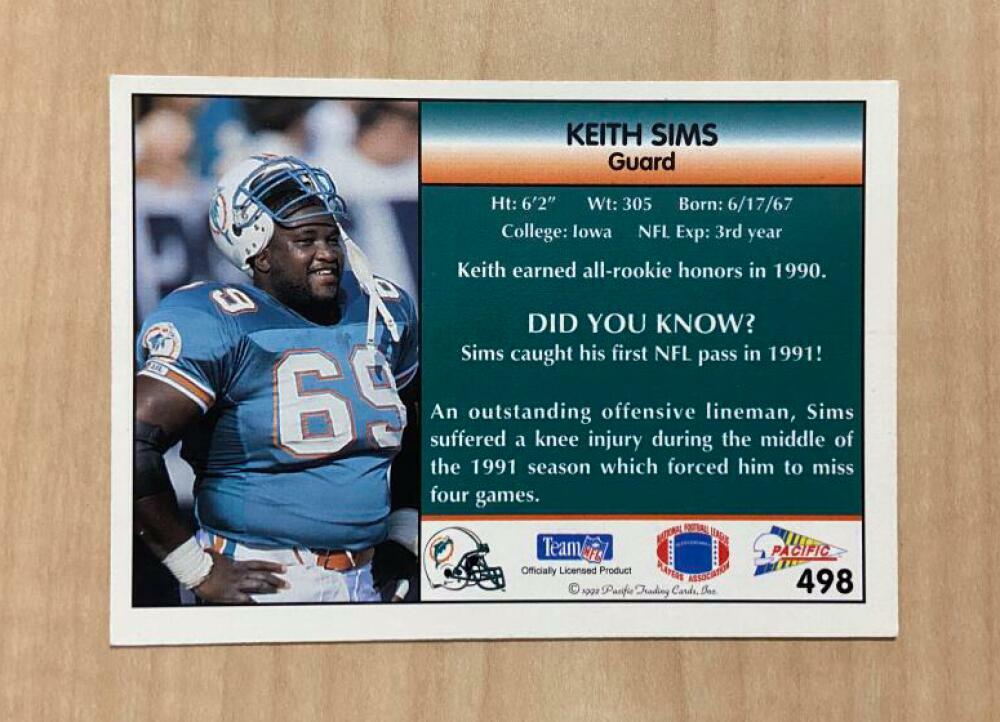 KEITH SIMS MIAMI DOLPHINS SIGNED AUTOGRAPHED 1992 PACIFIC CARD #498 W/COA