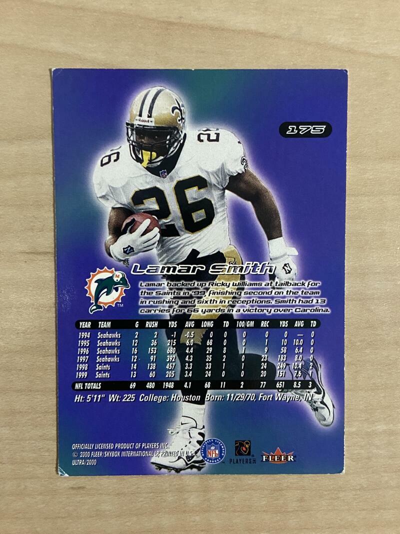 LAMAR SMITH MIAMI DOLPHINS SIGNED AUTOGRAPHED 2000 FLEER ULTRA CARD #175 W/COA