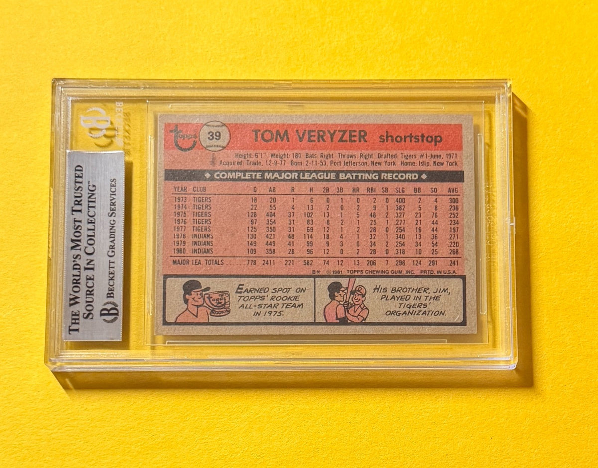 1981 TOPPS TOM VERYZER #39 SIGNED AUTO CARD BECKETT AUTHENTIC CLEVELAND