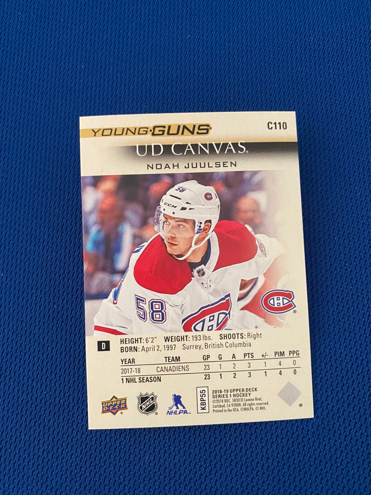 2018-19 UPPER DECK SERIES 1 CANVAS NOAH JUULSEN YOUNG GUNS RC ROOKIE CARD #C110