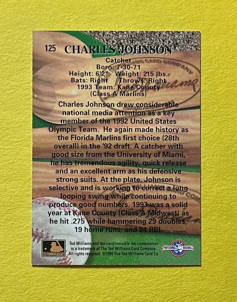 1994 TED WILLIAMS CHARLES JOHNSON SIGNED AUTOGRAPH CARD W/ COA #125 MARLINS
