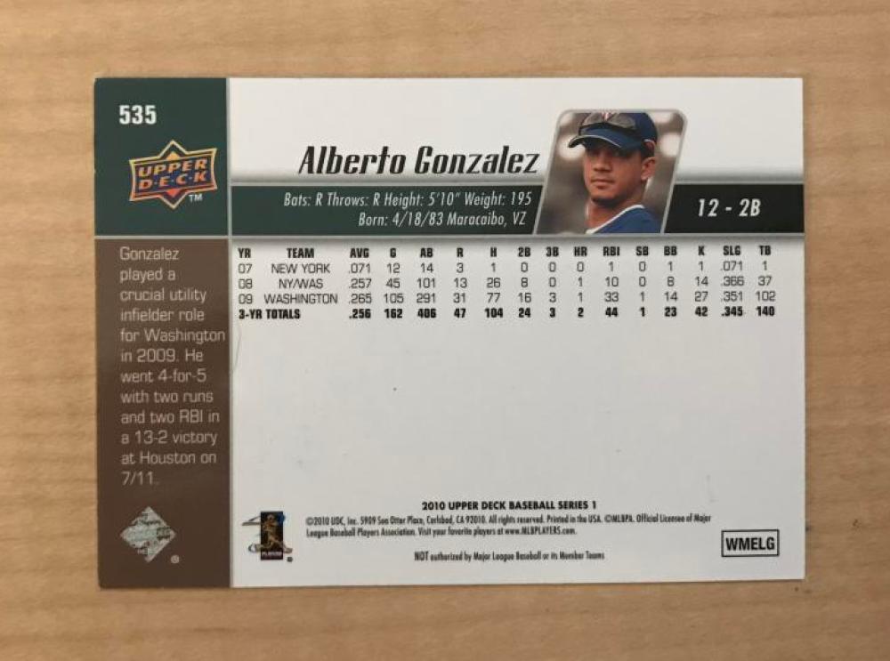 ALBERTO GONZALEZ WASHINGTON NATIONALS SIGNED 2010 UPPER DECK CARD #535 W/COA 