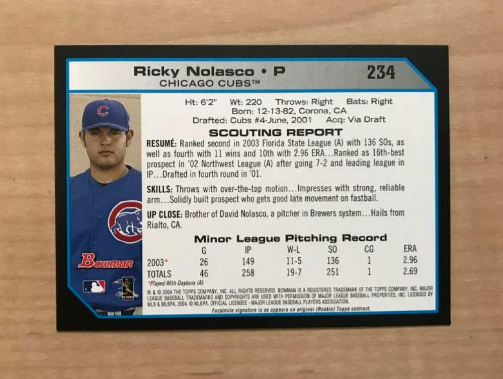 RICKY NOLASCO CHICAGO CUBS SIGNED AUTOGRAPHED 2004 BOWMAN CARD #234 W/COA