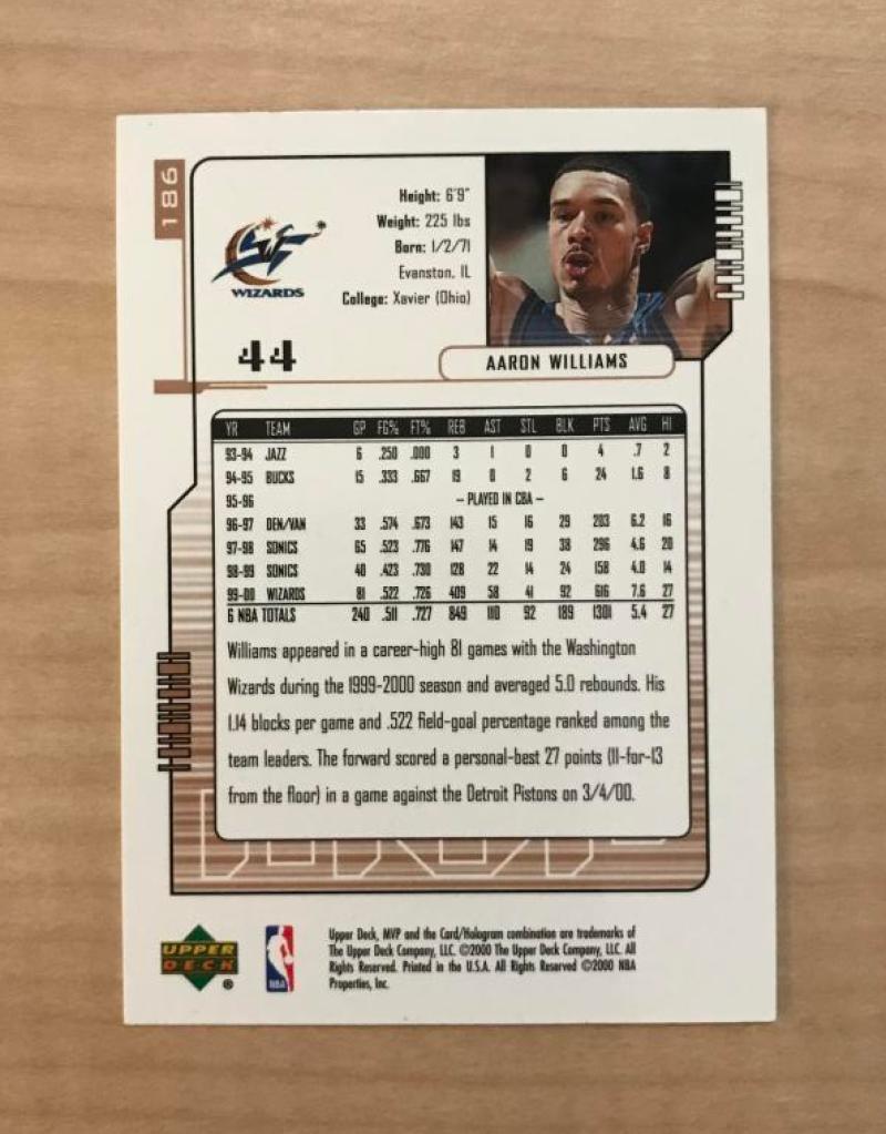 AARON WILLIAMS WASHINGTON WIZARDS AUTOGRAPHED 2000 UPPER DECK CARD #186 W/COA