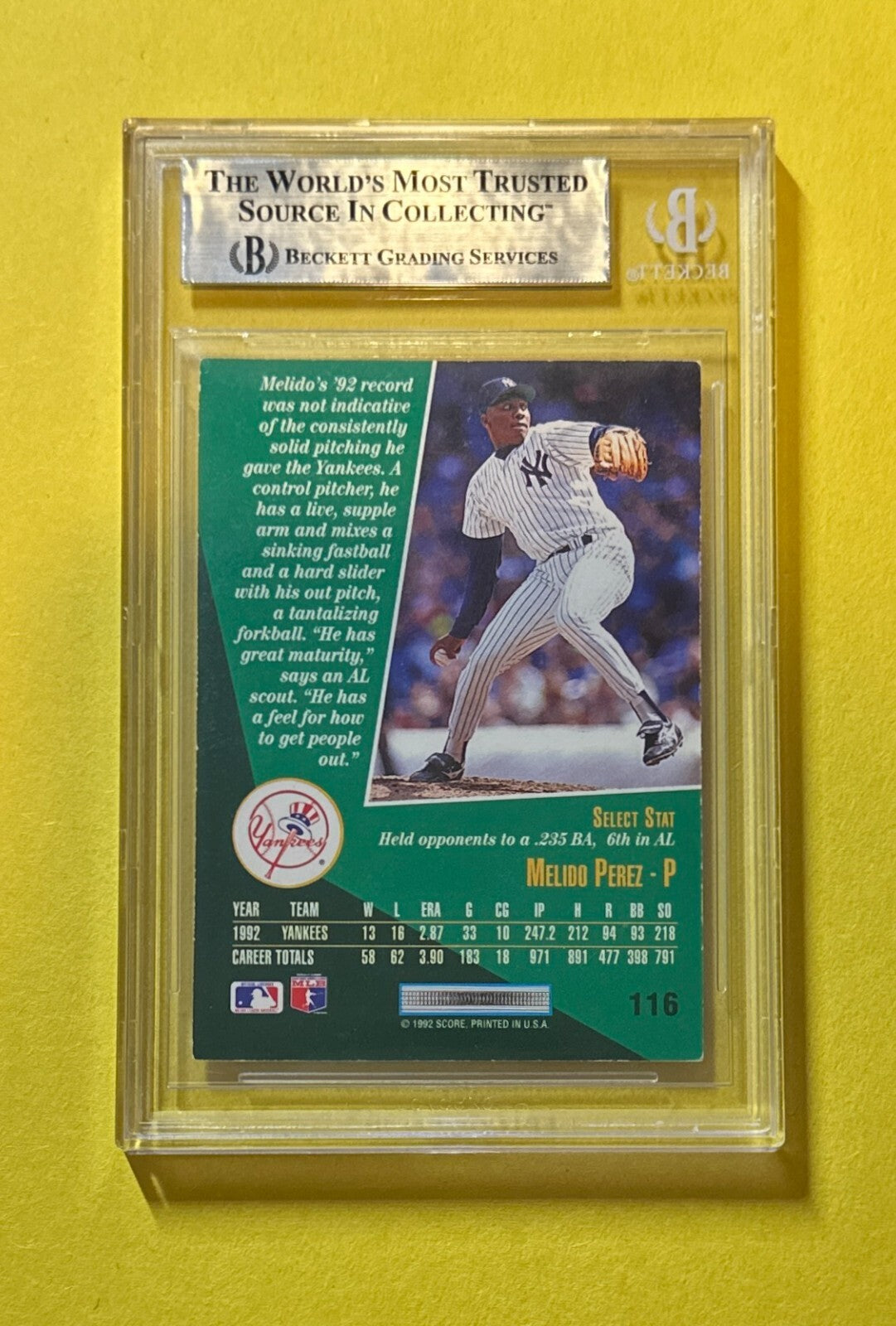 1993 SELECT MELIDO PEREZ #116 BECKETT AUTHENTIC SIGNED AUTOGRAPHED CARD YANKEES