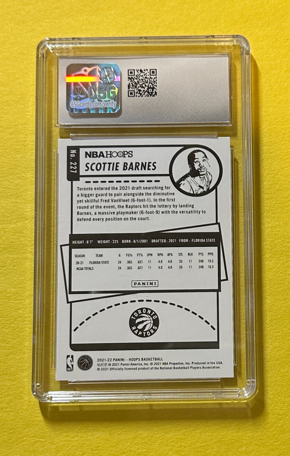2021-22 PANINI NBA HOOPS SCOTTIE BARNES ROOKIE CARD #227 CSG MINT 9 RAPTORS