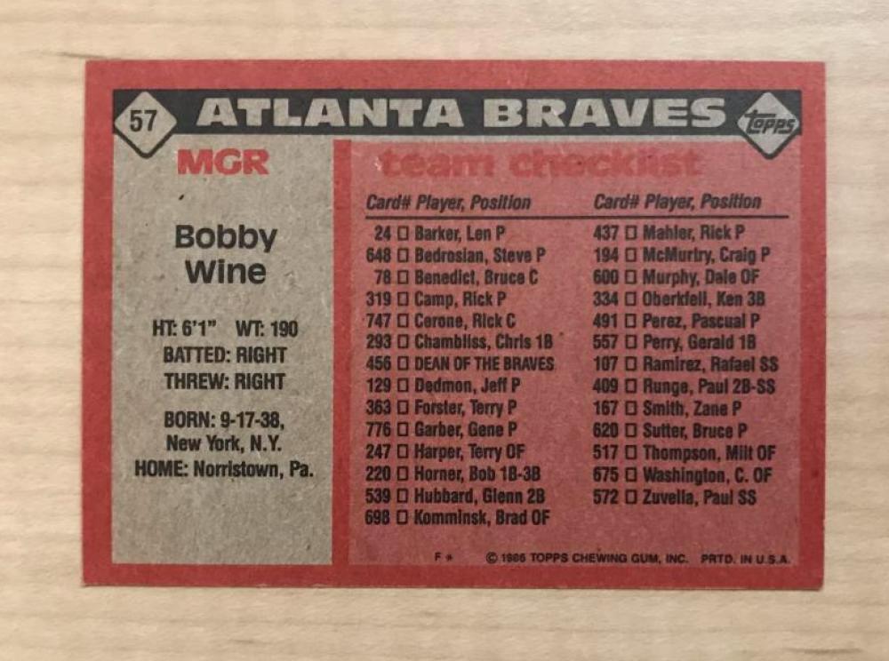 BOBBY WINE ATLANTA BRAVES SIGNED AUTOGRAPHED 1986 TOPPS CARD #57 W/COA 