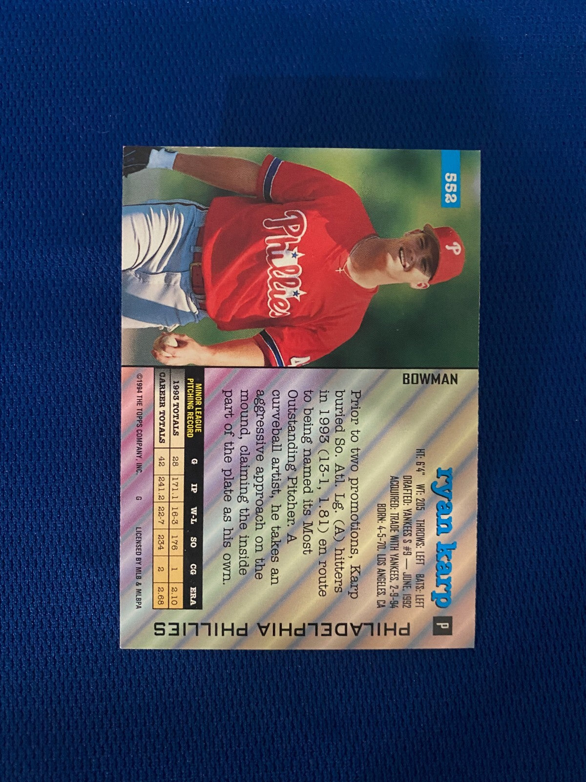 1994 BOWMAN RYAN KARP PHILADELPHIA PHILLIES AUTOGRAPHED SIGNED CARD #552 W/COA