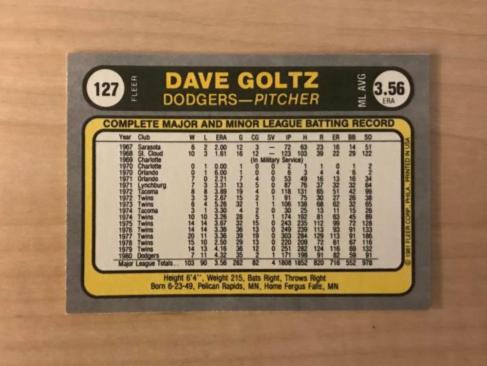 DAVE GOLTZ LOS ANGLES DODGERS SIGNED AUTOGRAPHED 1981 FLEER CARD #127 W/COA