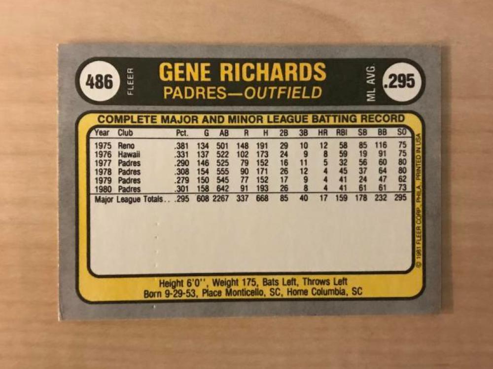 GENE RICHARDS SAN DIEGO PADRES SIGNED AUTOGRAPHED 1981 FLEER CARD #486 W/COA 