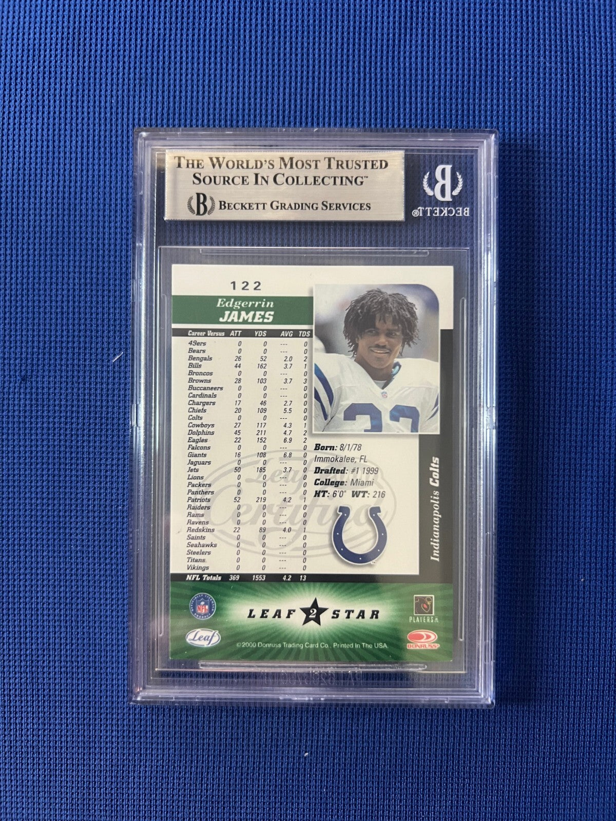 2000 LEAF CERTIFIED EDGERRIN JAMES COLTS SIGNED AUTOGRAPHED CARD #122 BECKETT