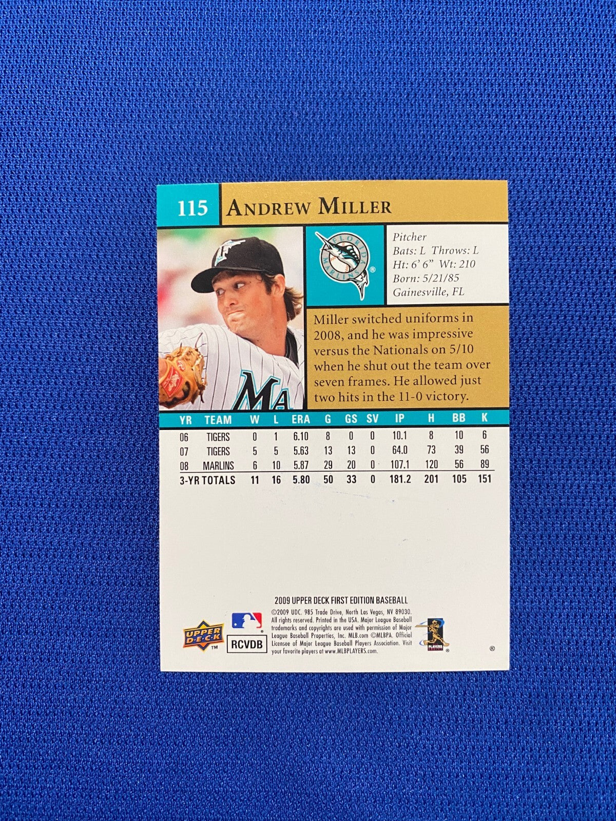 2009 UPPER DEDCK FIRST EDITION ANDREW MILLER MARLINS SIGNED AUTO #115 CARD W/COA