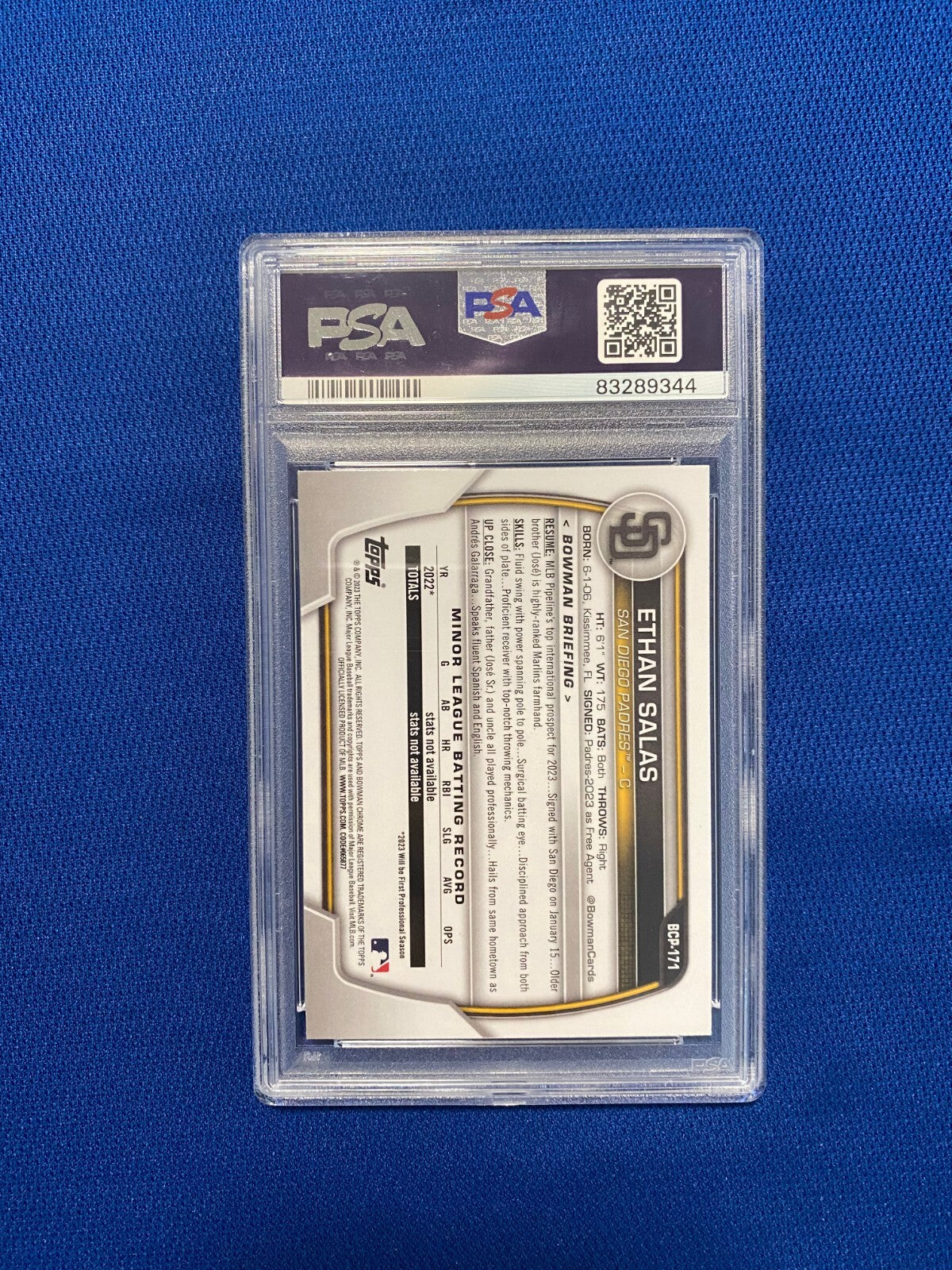 2023 BOWMAN CHROME ETHAN SALAS PADRES PROSPECTS SHIMMER RC #BCP171 CARD PSA 9