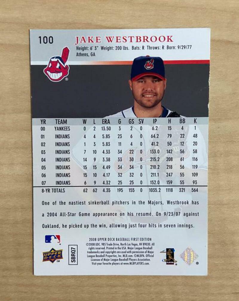 JAKE WESTBROOK CLEVELAND INDIANS SIGNED 2008 UPPER DECK CARD #100 W/COA