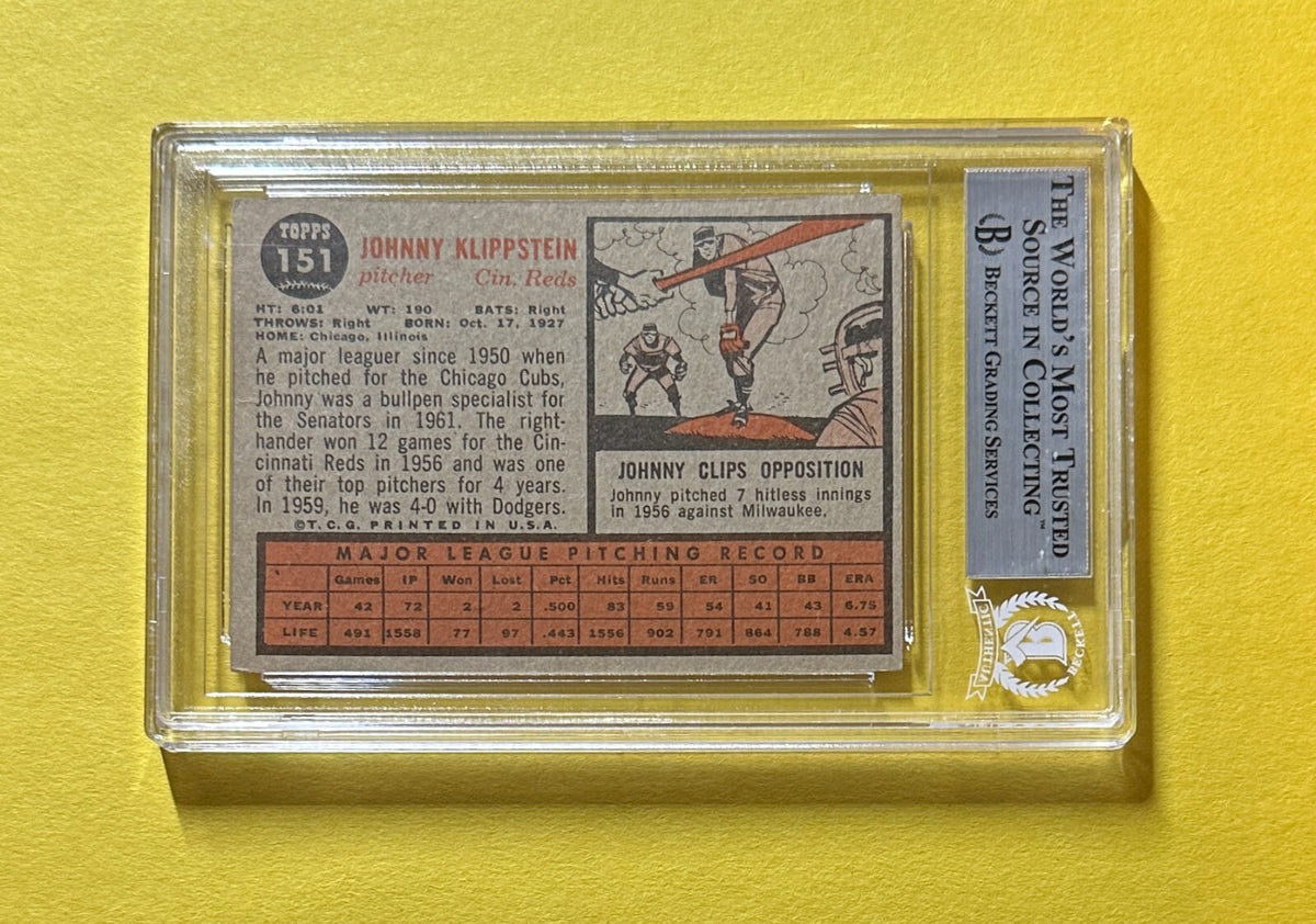 1962 TOPPS JOHNNY KLIPPSTEIN #151A AUTHENTIC AUTO BECKETT CERTIFIED REDS
