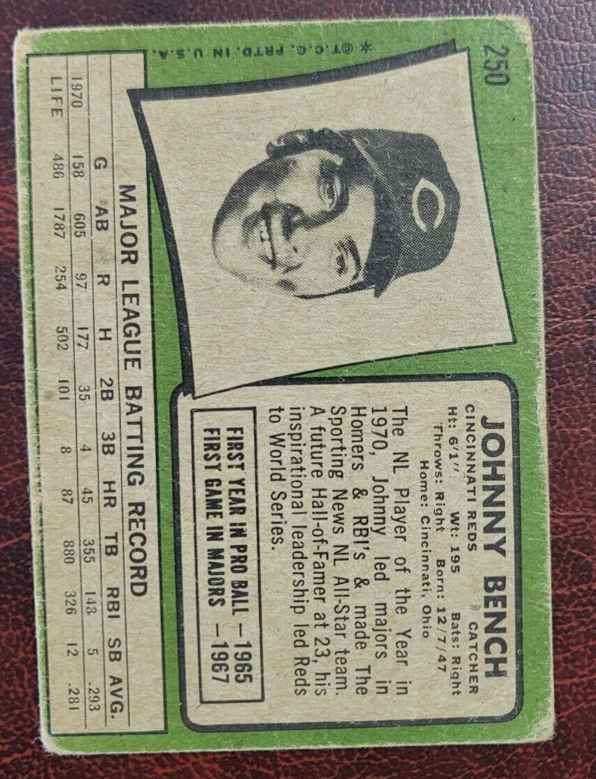 1971 TOPPS JOHNNY BENCH CINCINNATI REDS #250 BASEBALL CARD VINTAGE
