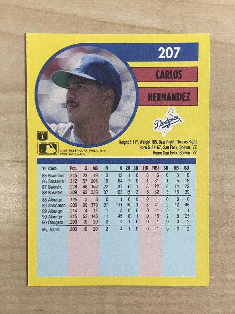 CARLOS HERNANDEZ LOS ANGELES DODGERS SIGNED 1991 FLEER CARD #207 W/COA