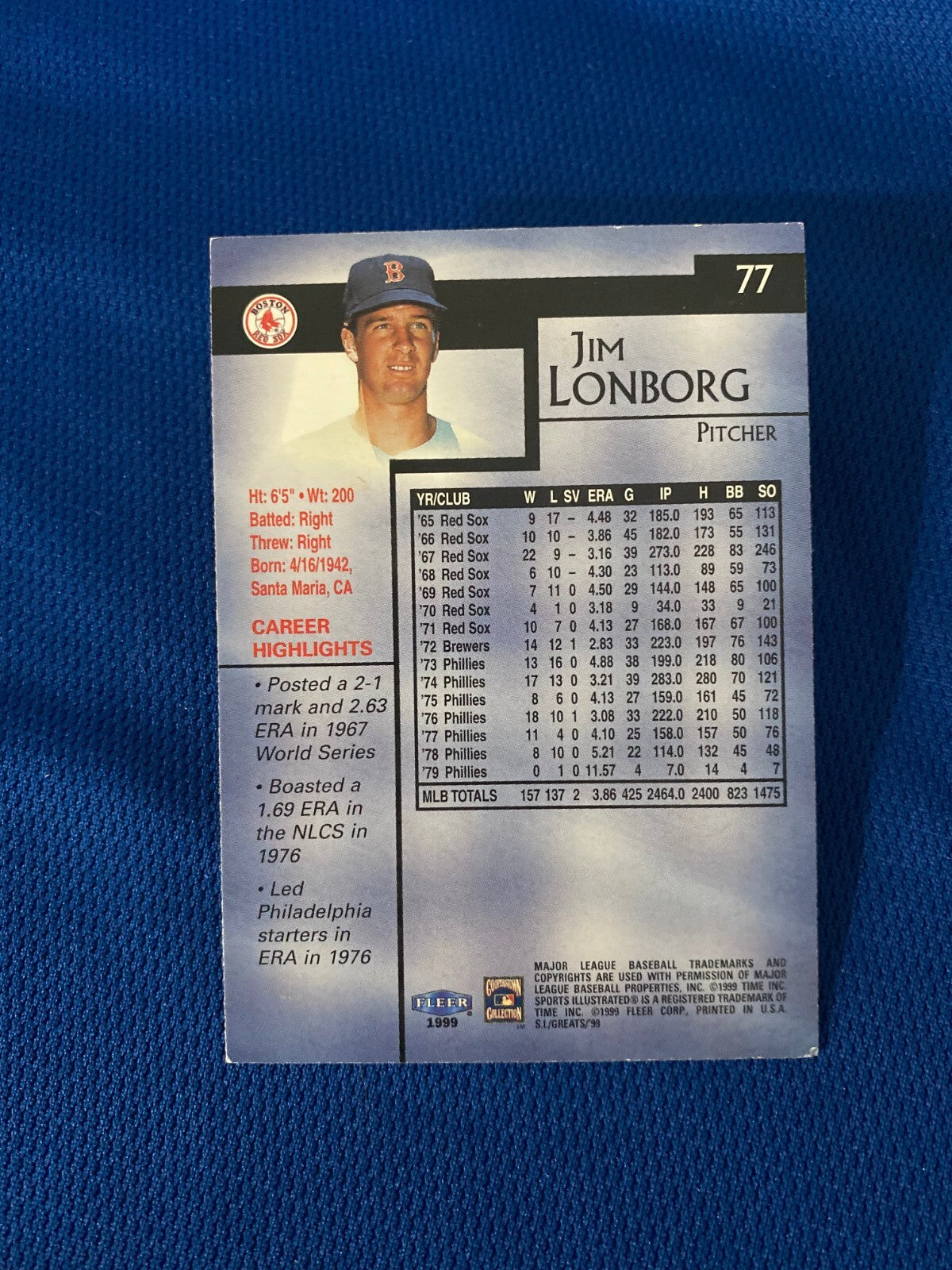 1999 FLEER SI GREATS JIM LONBORG RED SOX AUTOGRAPHED SIGNED CARD #77 W/COA