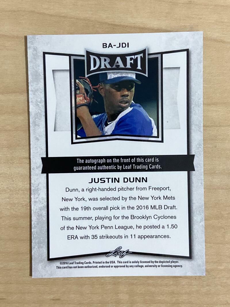 JUSTIN DUNN NEW YORK METS SIGNED AUTOGRAPHED 2016 DRAFT CARD #BA-JDI