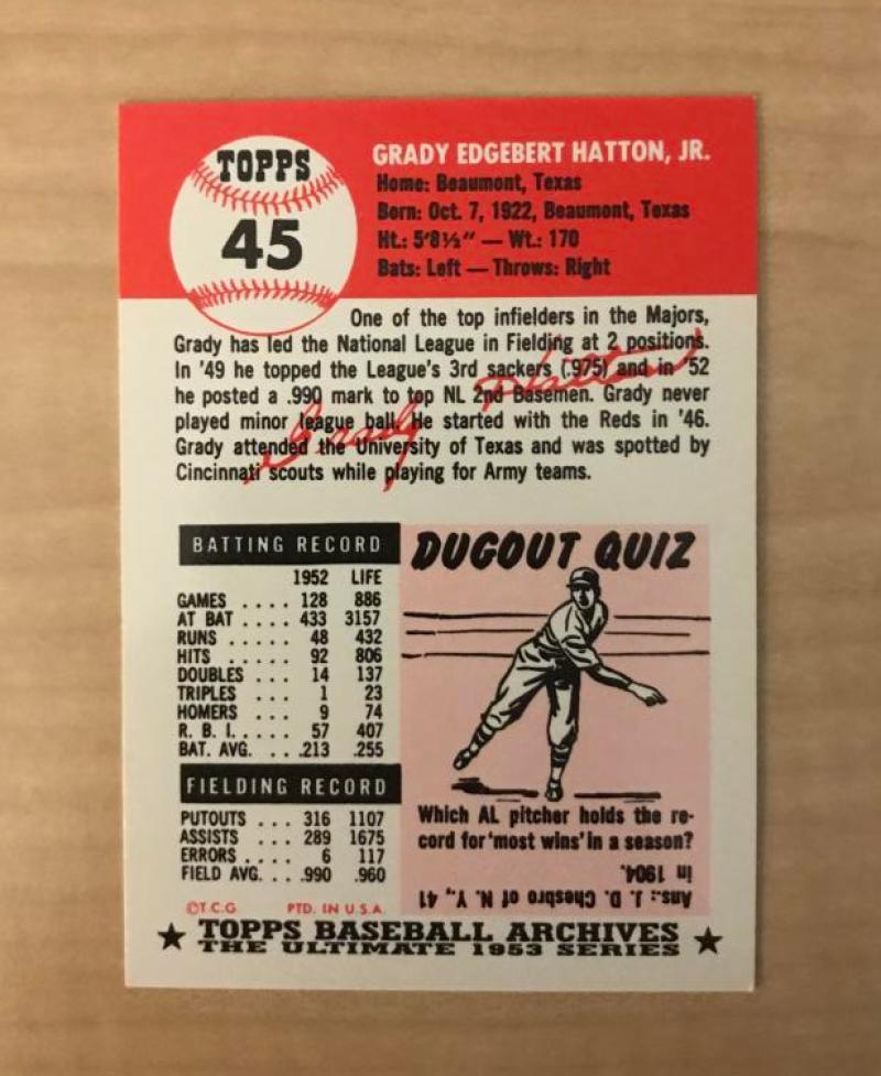 GRANDY HATTON CINCINNATI REDS SIGNED DECEASED TOPPS ARCHIVES CARD #45 W/COA