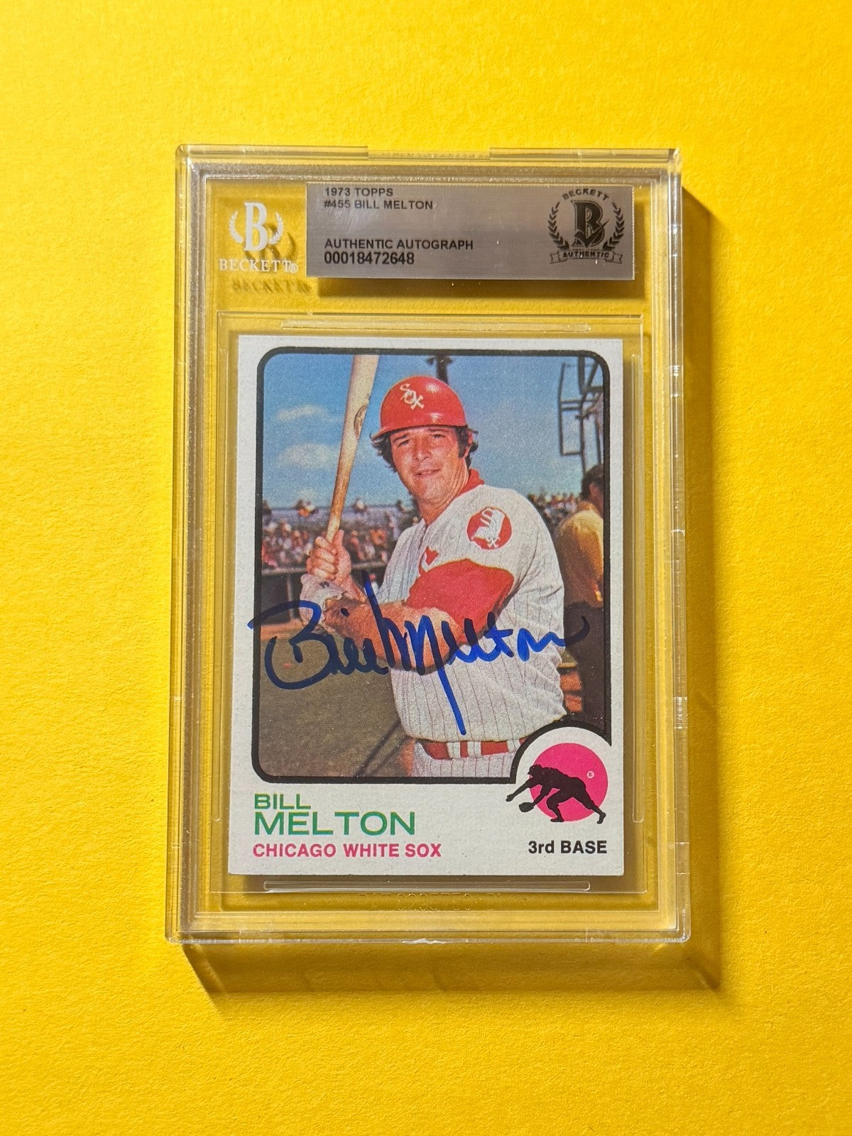 1973 TOPPS BILL MELTON #455 SIGNED AUTO CARD BECKETT AUTHENTIC WHITE SOX