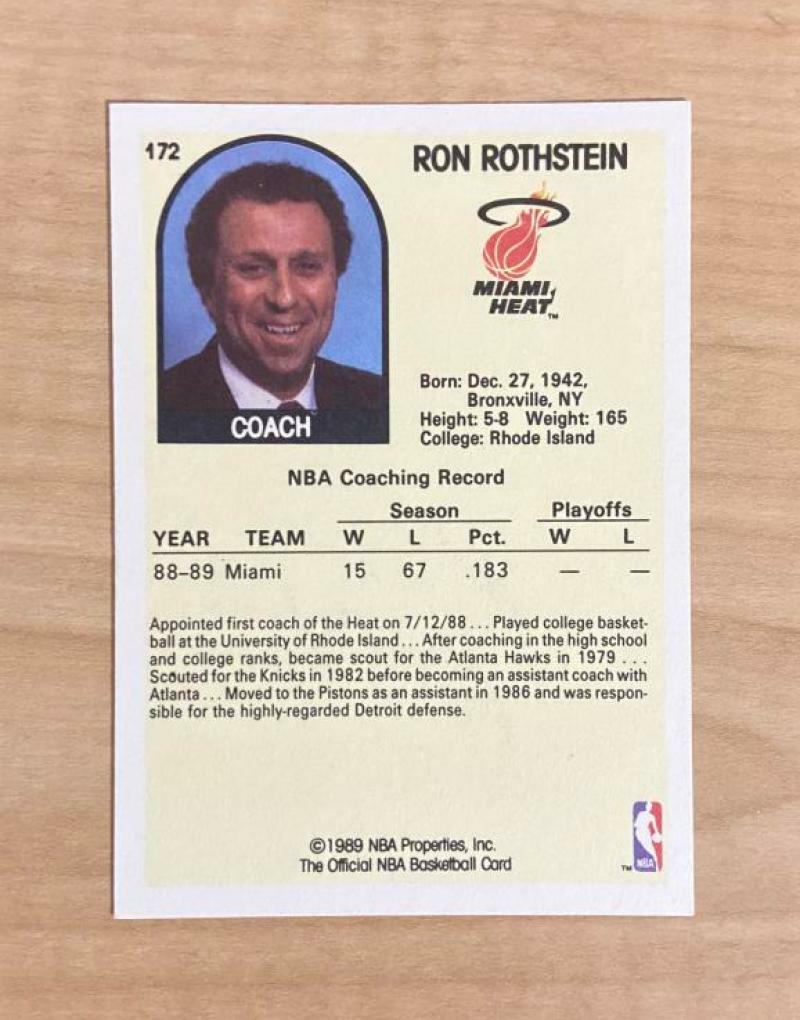 RON ROTHSTEIN MIAMI HEAT SIGNED AUTOGRAPHED 89-90 NBA HOOPS CARD #172 W/COA 