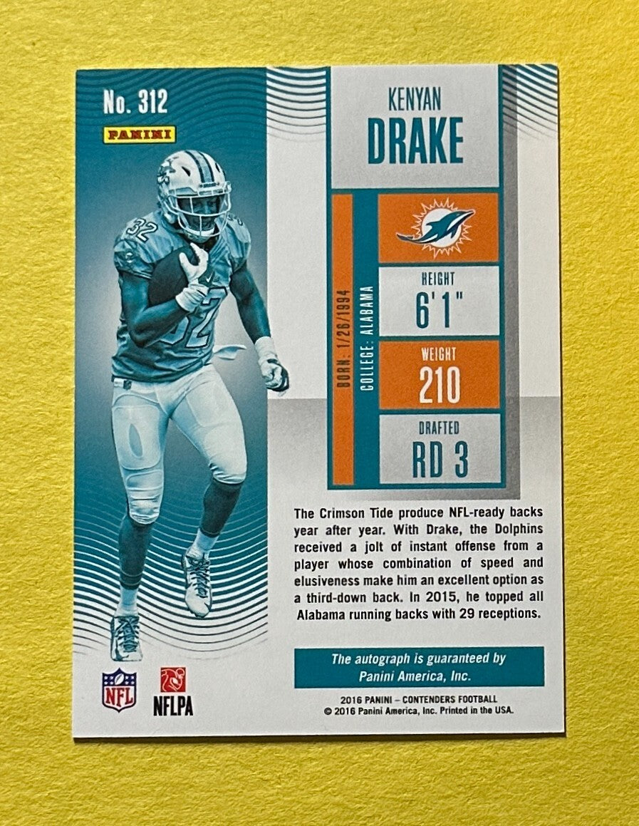 2016 PANINI CONTENDERS KENYAN DRAKE ROOKIE AUTO #312 DOLPHINS