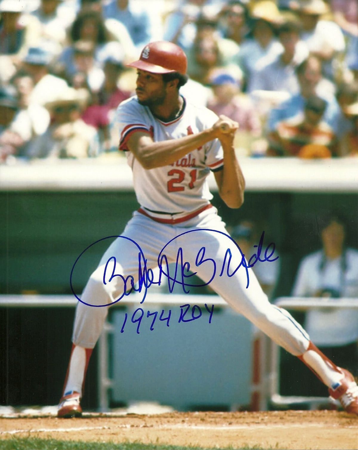 BAKE MCBRIDE ST. LOUIS CARDINALS SIGNED AUTOGRAPHED 8x10 PHOTO W/COA 1974 ROY