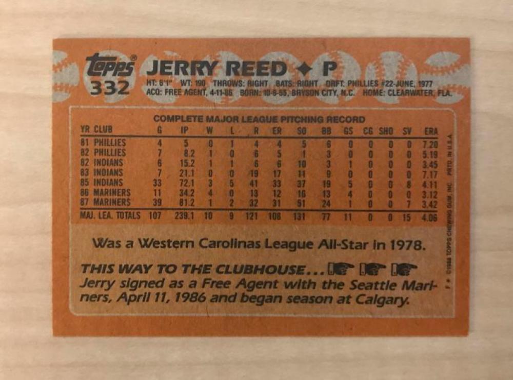 JERRY REED SEATTLE MARINERS SIGNED AUTOGRAPHED 1988 TOPPS CARD #332 W/COA