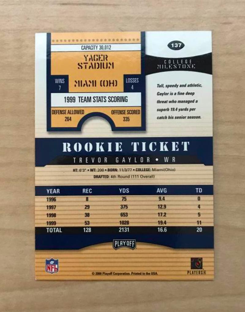 TREVOR GAYLOR SAN DIEGO CHARGERS SIGNED AUTOGRAPHED 2000 PLAYOFF CARD #137 W/COA