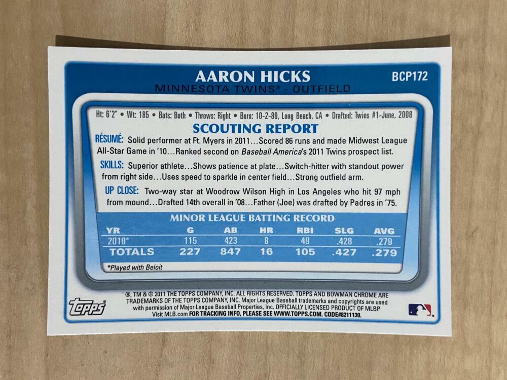 AARON HICKS MINNESOTA TWINS 2011 BOWMAN CHROME ROOKIE CARD #BCP172 