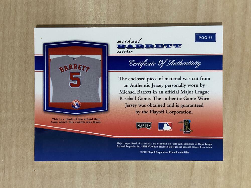 MICHAEL BARRETT MONTREAL EXPOS 2002 PLAYOFF PATCH CARD #POG-57