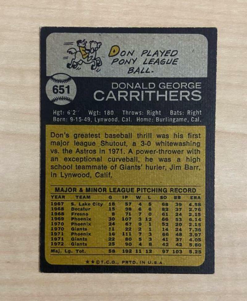DON CARRITHERS SAN FRANCISCO GIANTS SIGNED AUTOGRAPHED 1973 TOPPS CARD#651 W/COA
