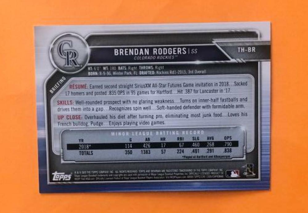 2019 TOPPS BOWMAN BRENDAN RODGERS BLUE SNOWFLAKE 38/50  