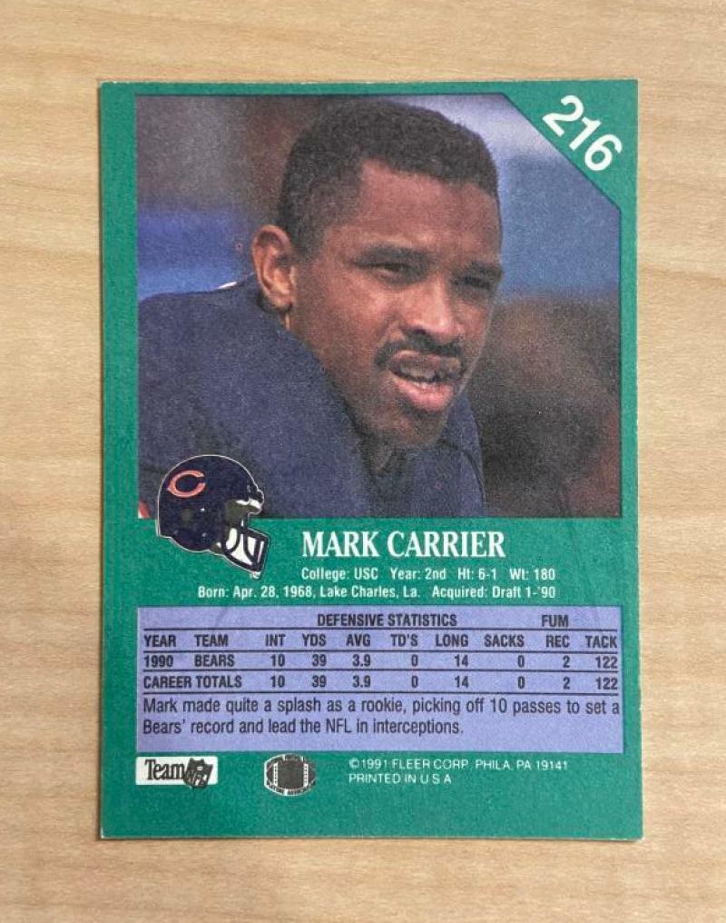 MARK CARRIER CHICAGO BEARS SIGNED AUTOGRAPHED 1991 FLEER CARD #216 W/COA