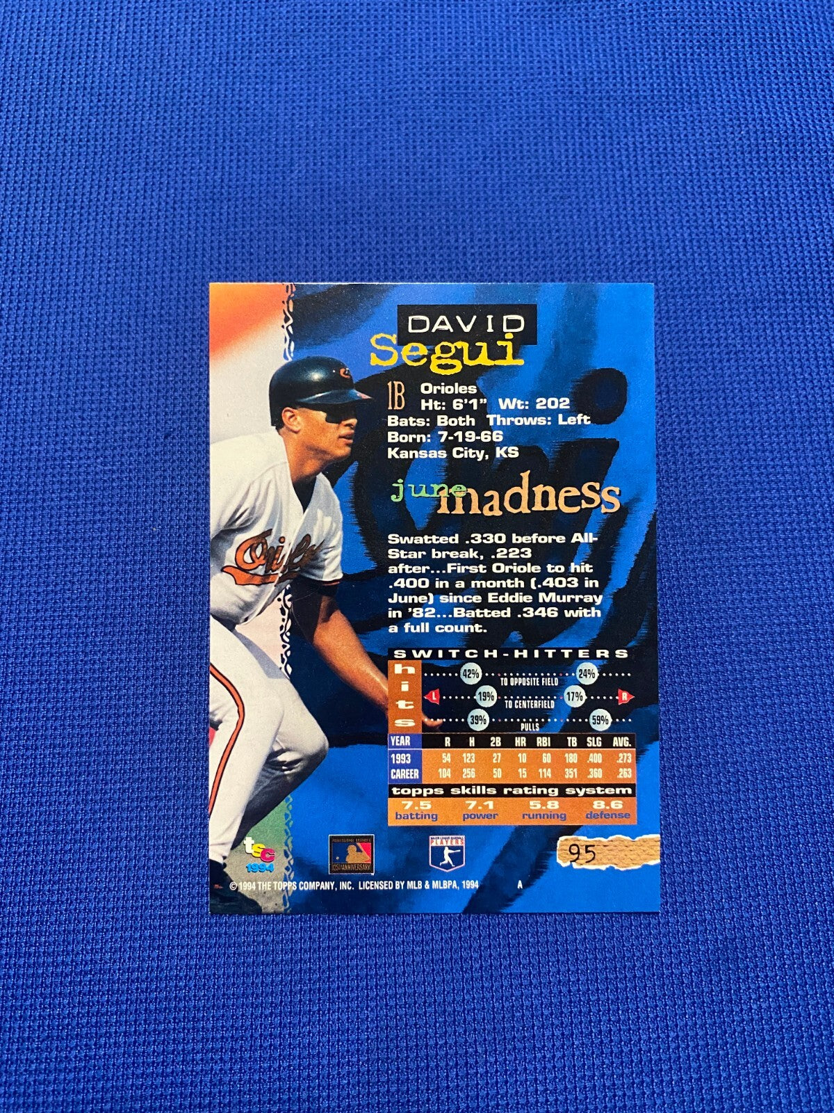1994 STADIUM CLUB DAVID SEGUI BALTIMORE ORIOLES SIGNED AUTOGRAPH CARD #95 W/COA