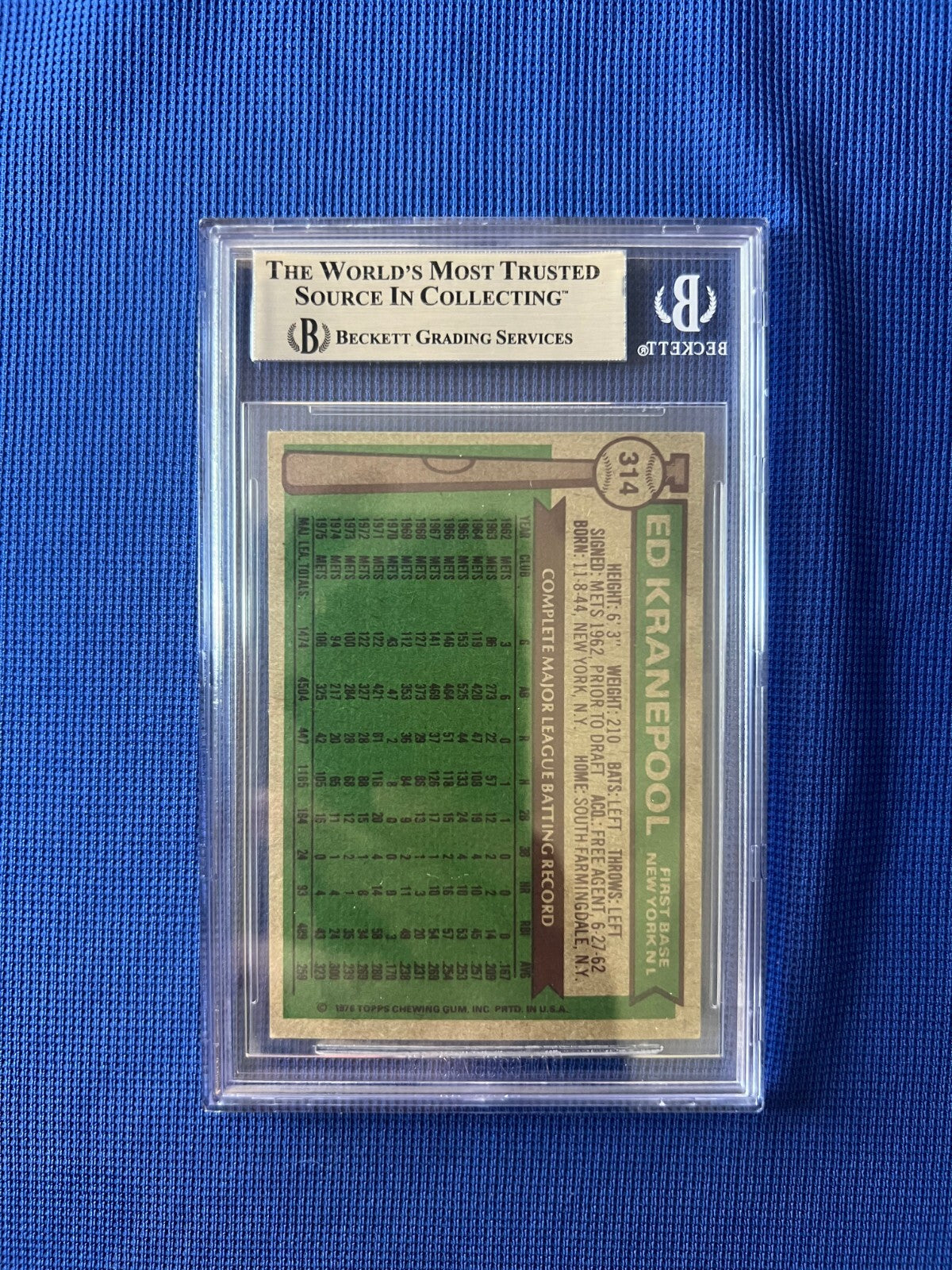 1976 TOPPS ED KRANEPOOL NEW YORK METS SIGNED AUTOGRAPHED CARD #314 BECKETT