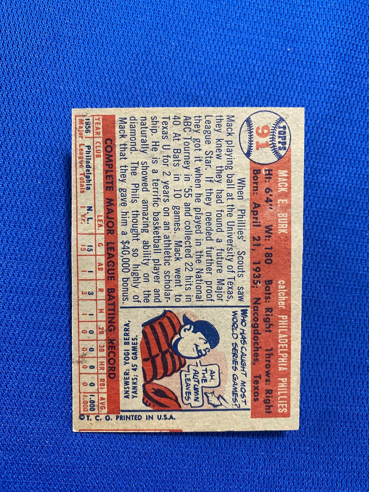 1957 TOPPS MACK BURK PHILADELPHIA PHILLIES #91 CARD VINTAGE SET-BREAK