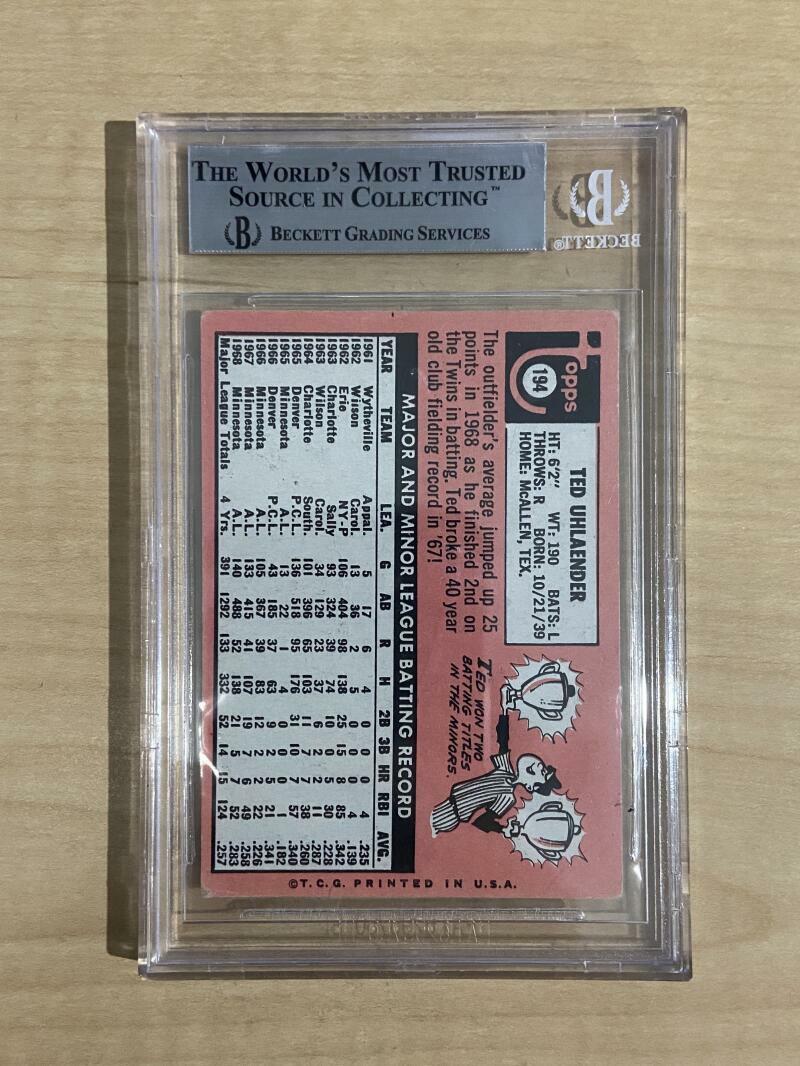 1969 TOPPS TED UHLAENDER #194 TWINS SIGNED CARD BECKETT AUTHENTIC AUTO VINTAGE