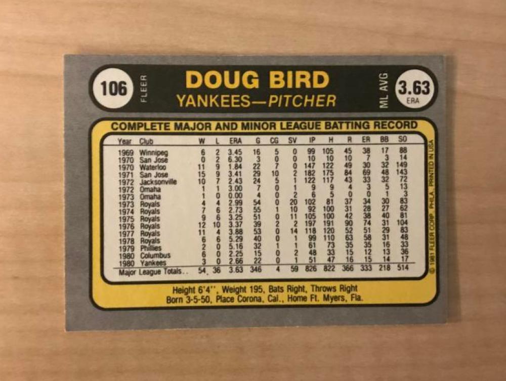 DOUG BIRD NEW YORK YANKEES SIGNED AUTOGRAPHED 1981 FLEER CARD #106 W/COA
