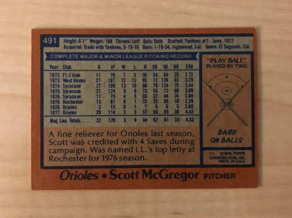 SCOTT MCGREGOR BALTIMORE ORIOLES SIGNED AUTOGRAPHED 1978 TOPPS CARD #491 W/COA