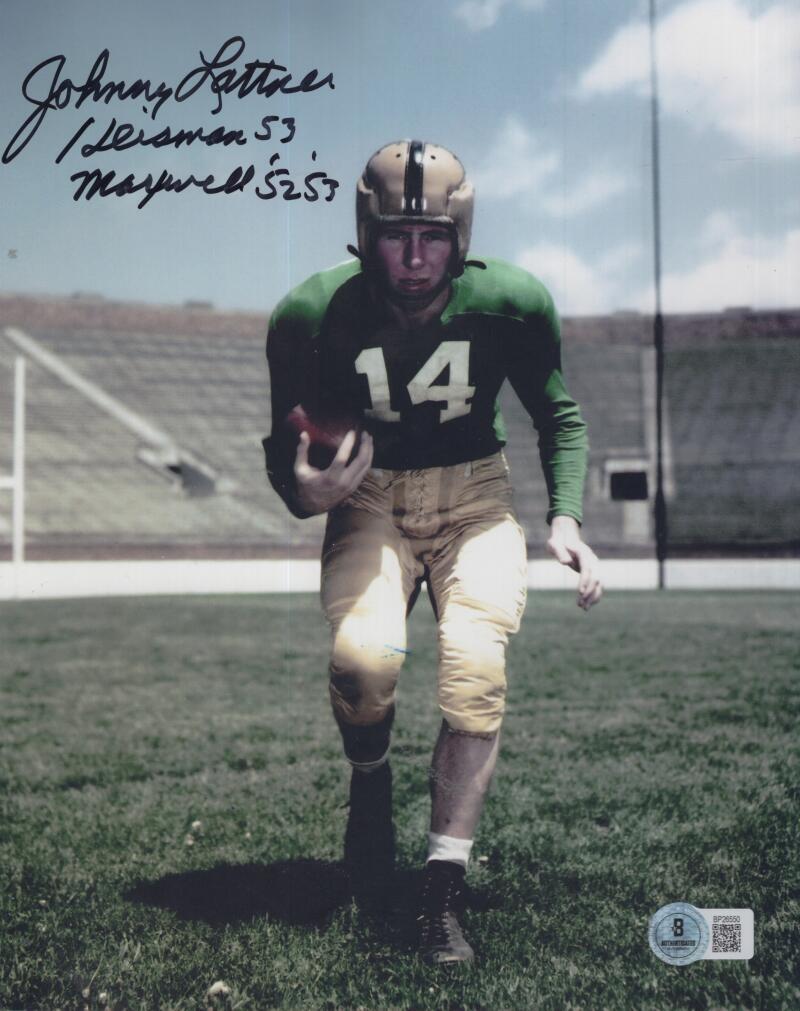 JOHNNY LATTNER HEISMAN MAXWELL ND SIGNED 8X10 PHOTO BECKETT AUTH