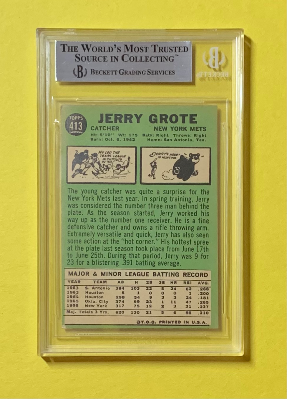 1967 TOPPS JERRY GROTE #413 AUTHENTIC AUTO BECKETT CERTIFIED METS