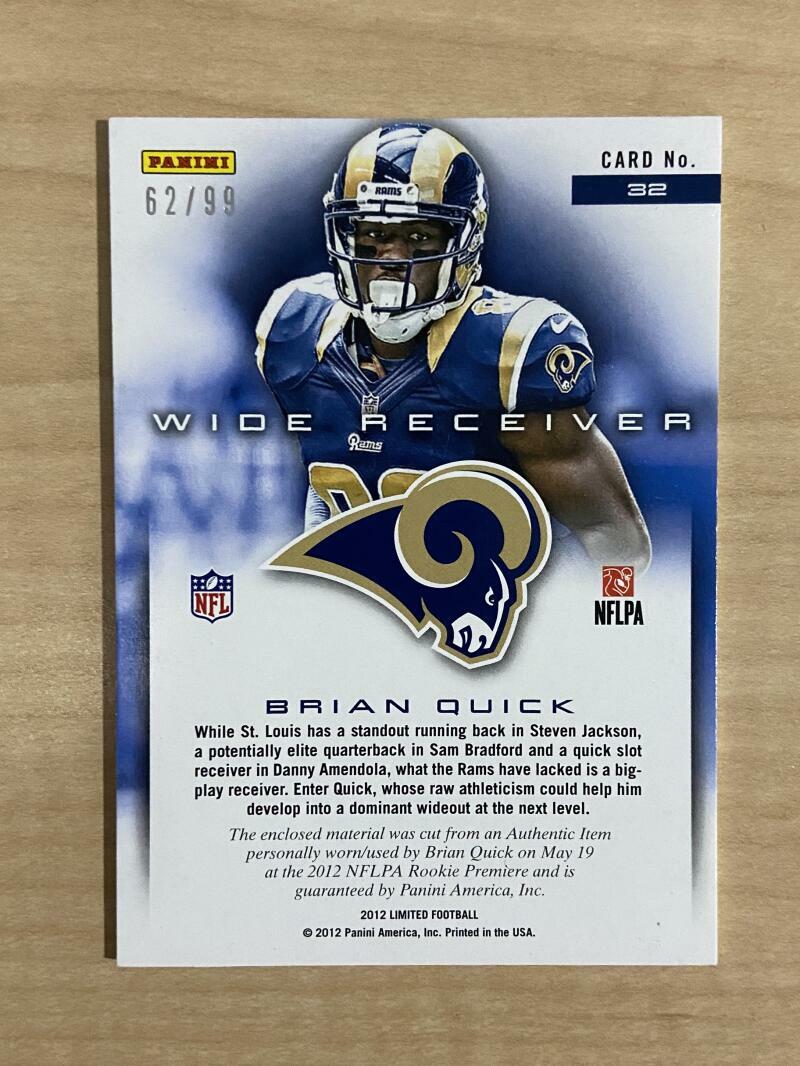BRIAN QUICK ST LOUIS RAMS 2012 LIMITED PATCH 62/99 CARD #32 