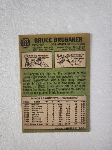 1967 TOPPS BRUCE BRUBAKER LOS ANGELES DODGERS SIGNED AUTO CARD #276 W/COA