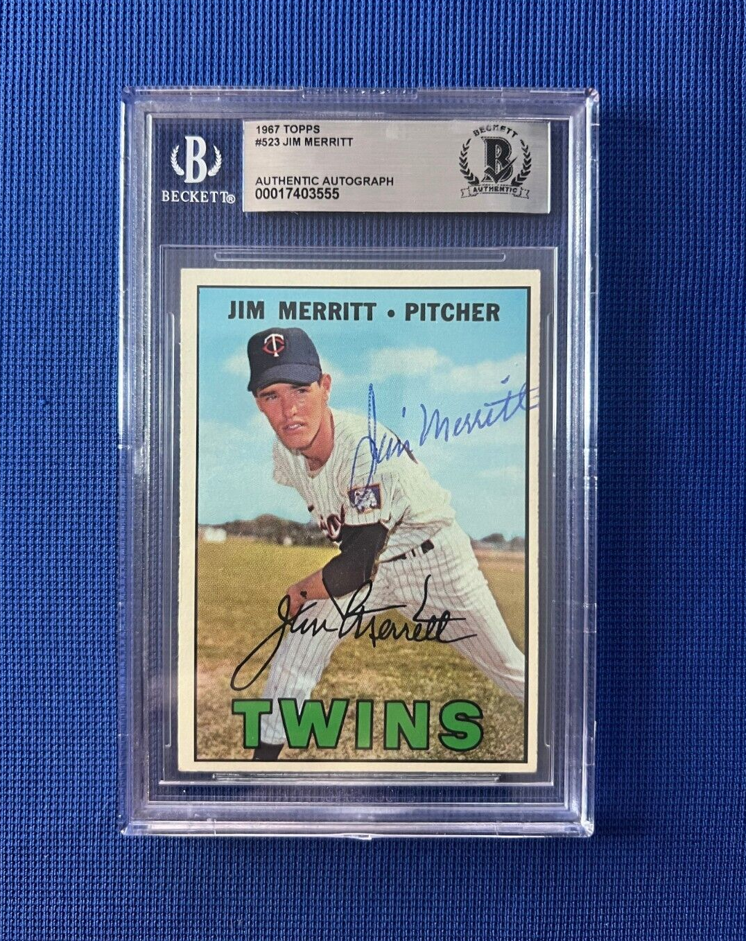 1967 TOPPS JIM MERRITT MINNESOTA TWINS SIGNED AUTOGRAPHED CARD #523 BECKETT