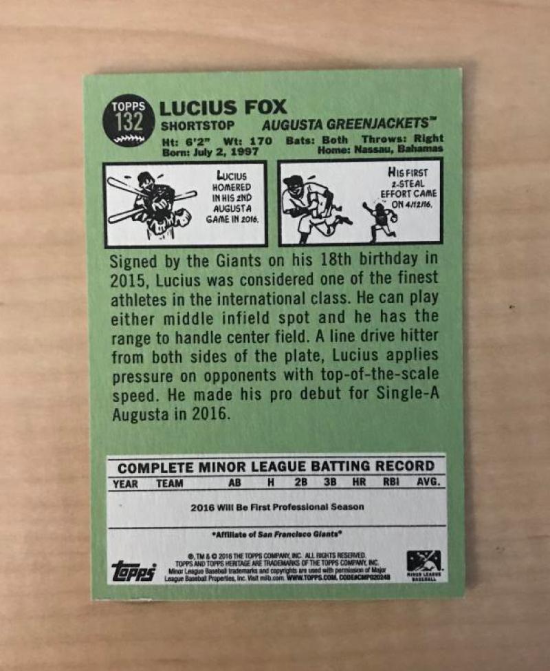 LUCIUS FOX AUGUSTA GREENJACKETS AUTOGRAPHED 2016 TOPPS HERITAGE CARD #132 W/COA