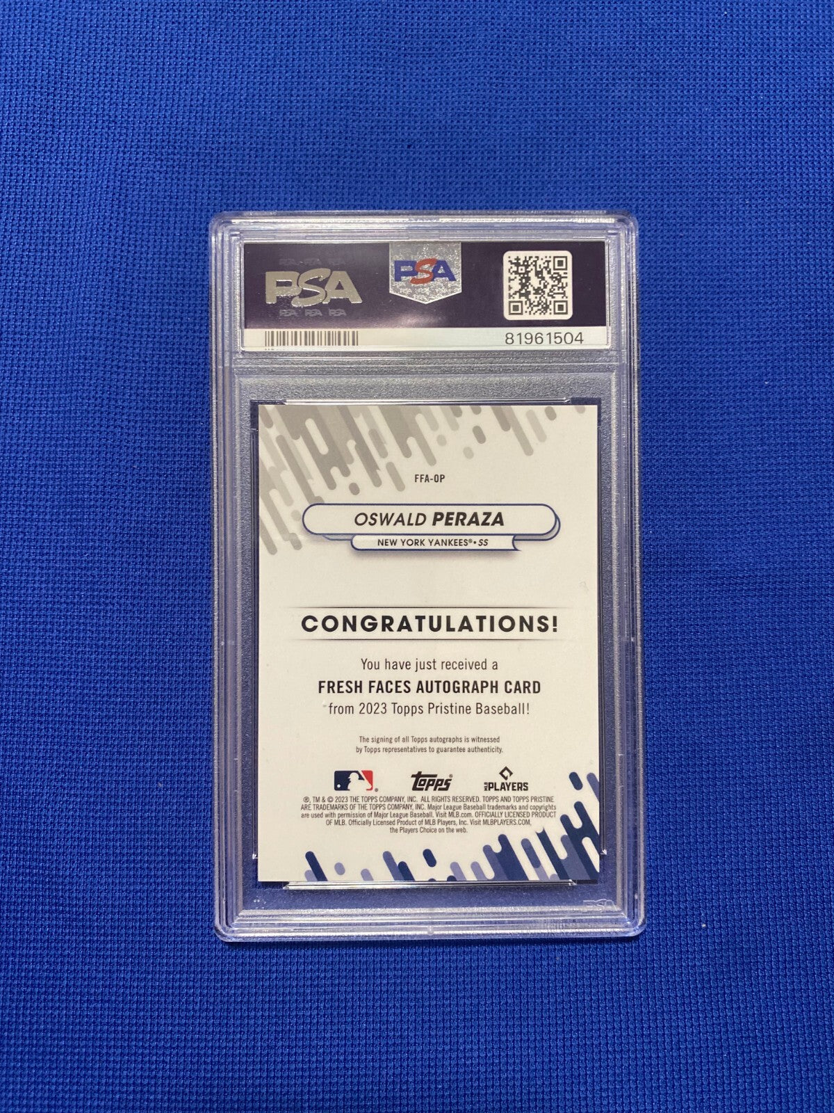 2023 TOPPS PRISTINE OSWALD PERAZA NY YANKEES FRESH FACES AUTOGRAPH AUTO PSA 10