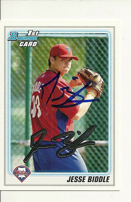 JESSE BIDDLE PHILADELPHIA PHILLIES SIGNED AUTO 2010 BOWMAN CARD #BDPP6 W/COA