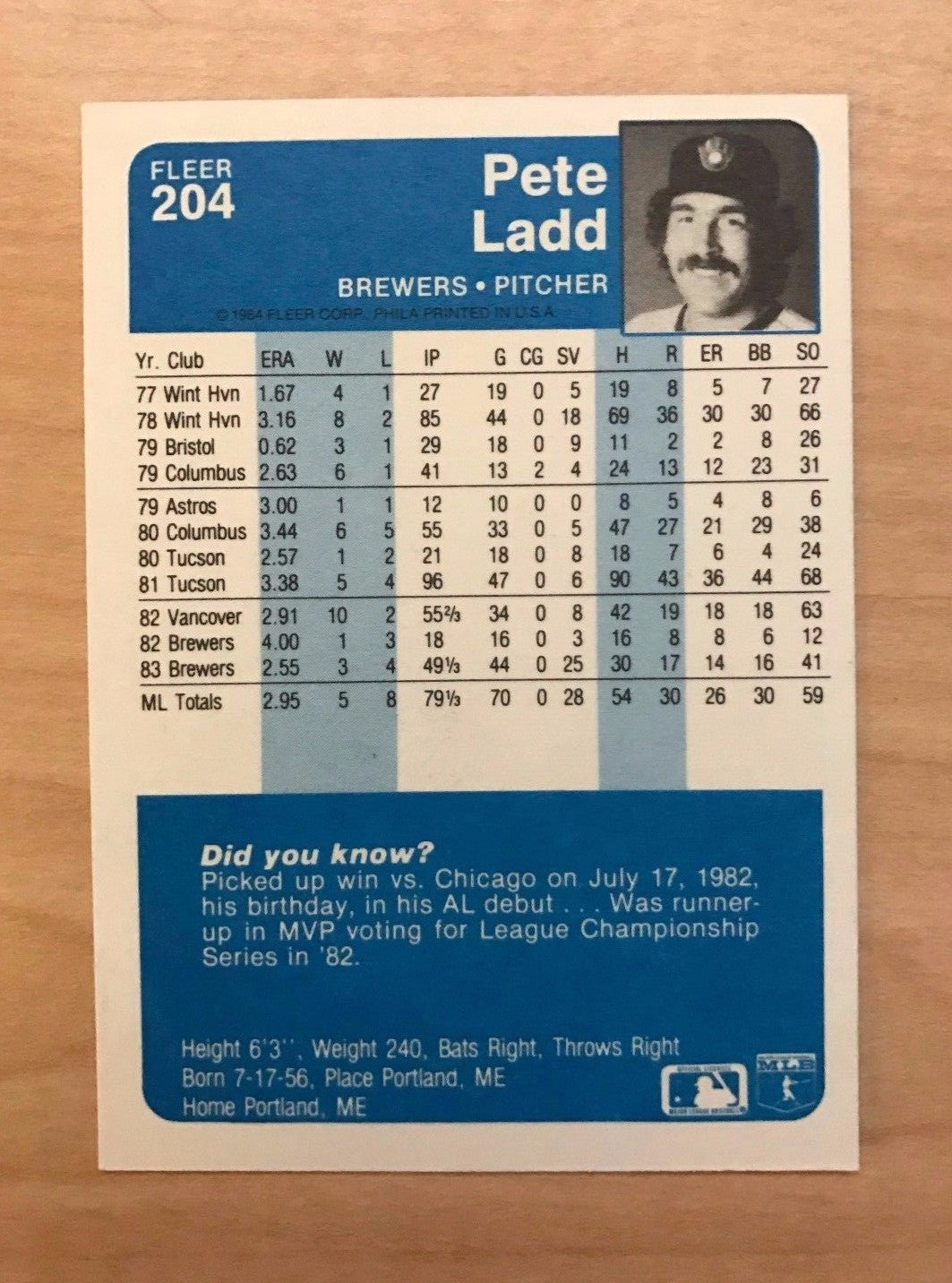 PETE LADD MILWAUKEE BREWERS SIGNED AUTOGRAPHED 1984 FLEER #204 W/COA